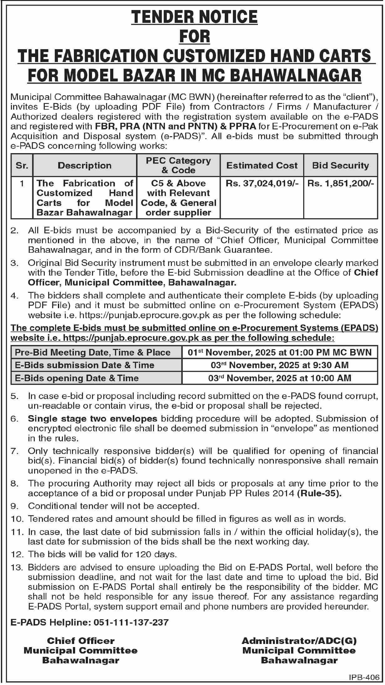 Municipal Committee Bahawalnagar Tender Notice